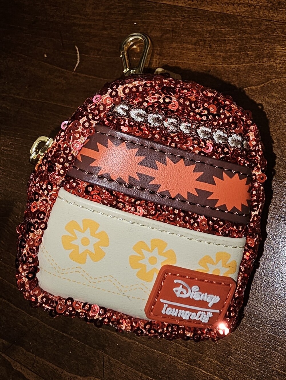 Loungefly Red Sequin Moana Backpack Coin Pouch with Cream & Yellow Floral Panel